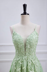 Plunging V-Neck Sage Green Straps Appliques Tulle Prom Dress